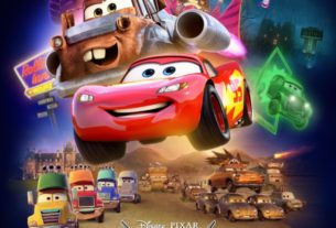 Promotional poster featuring Lightning McQueen, Mater, and many of the characters that star in the series.