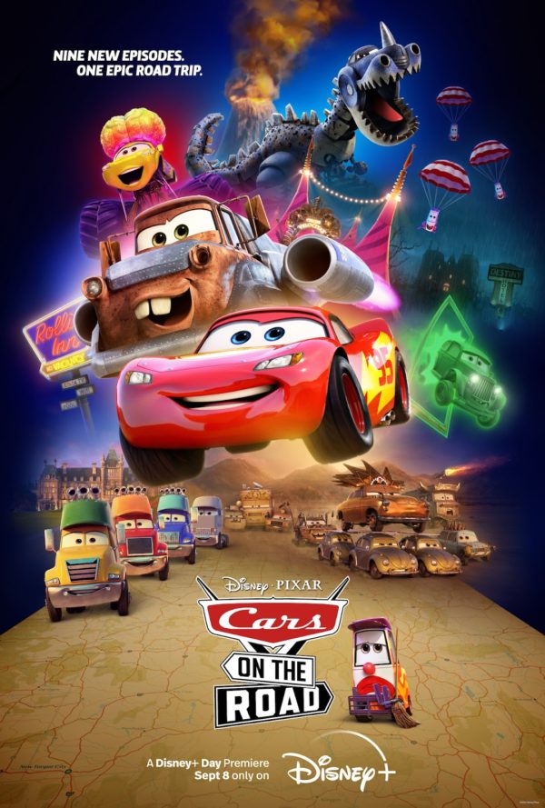 Promotional poster featuring Lightning McQueen, Mater, and many of the characters that star in the series.