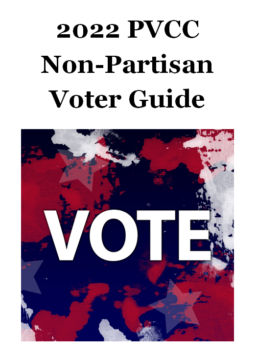 2022 PVCC Non-Partisan Voter Guide cover with Vote on a red, white, and blue background.