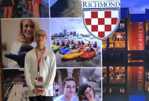 Johnson Li standing in front of University of Richmond photo highlights inside the Queally Center of Admissions.