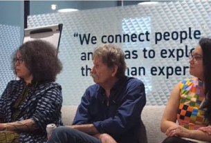 Kiki Petrosino, Gregory Orr, and Janine Joseph sit on a couch.