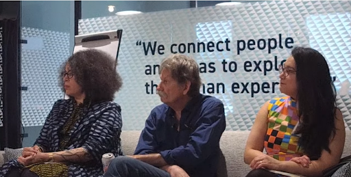 Kiki Petrosino, Gregory Orr, and Janine Joseph sit on a couch.