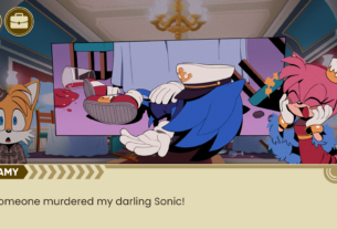 A screenshot of the game where Sonic lies dead on the floor and another character says "Someone murdered my darling Sonic!"