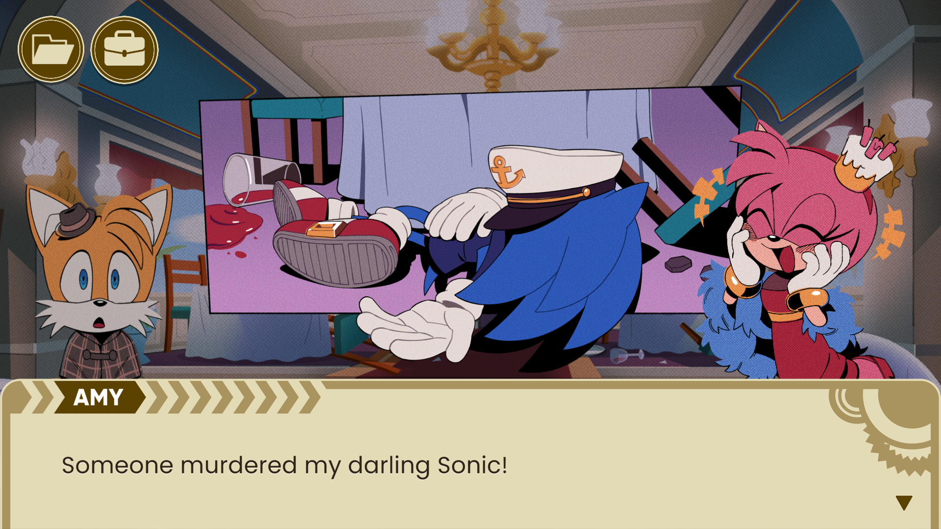 A screenshot of the game where Sonic lies dead on the floor and another character says "Someone murdered my darling Sonic!"