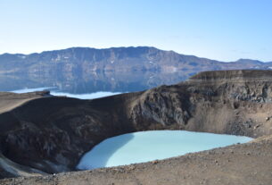 A light blue water basin below a brown and gray mountain/volcano