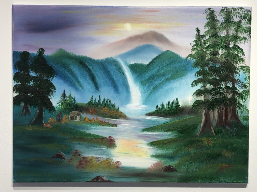 An oil painting of a waterfall