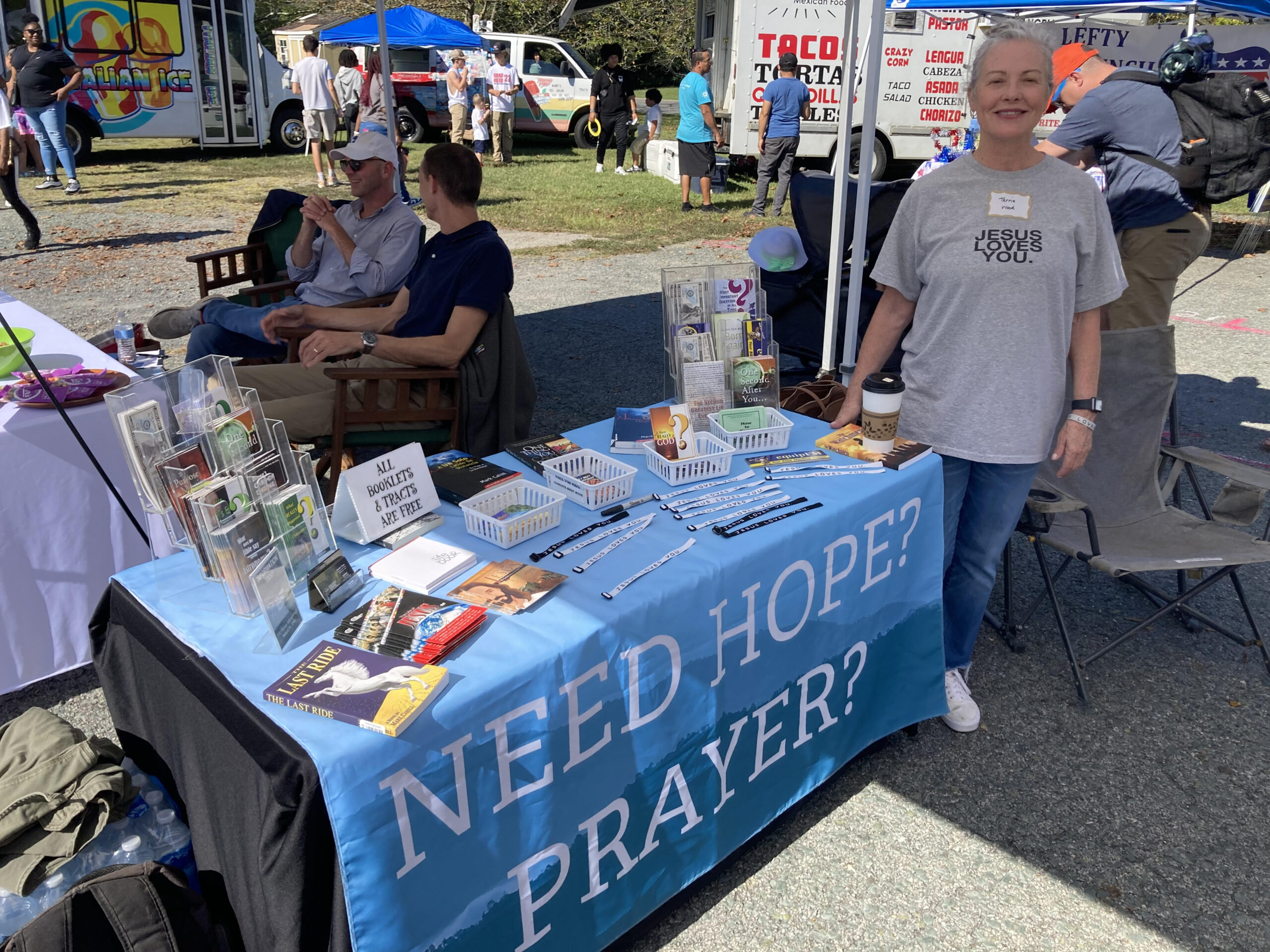 Terry Wood, teacher at Fluvanna County High School, at her tent for "offering hope through Christ."