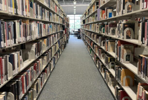 A view between two rows of shelves in the library