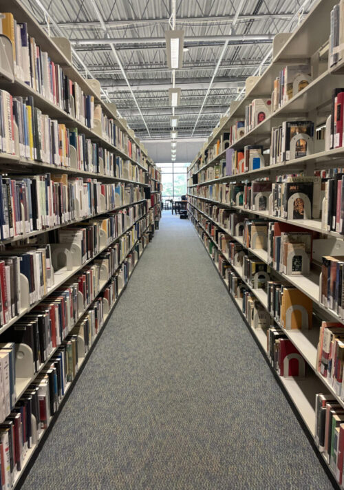 A view between two rows of shelves in the library