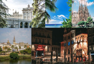 A collage of buildings in Madrid, Antilles, Barcelona, Seville, and Lille.