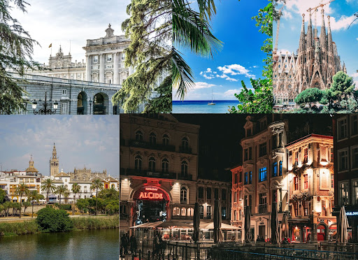 A collage of buildings in Madrid, Antilles, Barcelona, Seville, and Lille.