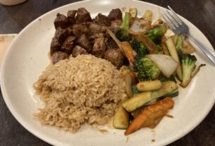 A plate with rice, mixed vegetables, and chopped steak