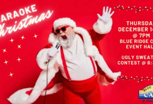 A flyer with Santa Claus wearing sunglasses and singing karaoke.
