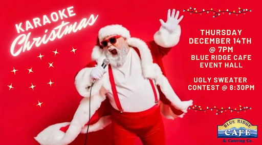 A flyer with Santa Claus wearing sunglasses and singing karaoke.