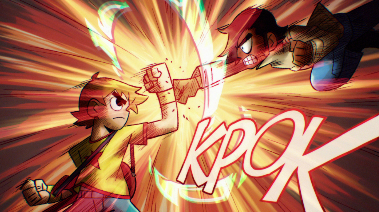 Animated image of Scott Pilgrim fighting Matthew Patel, one of Ramona’s exes.