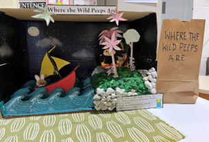 A diorama of "Where the Wild Things Are" made with paper, cardboard, and Peeps.