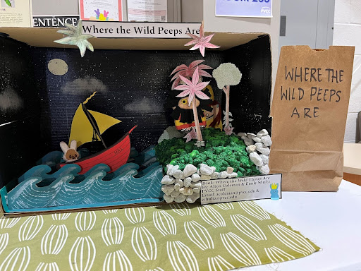 A diorama of "Where the Wild Things Are" made with paper, cardboard, and Peeps.