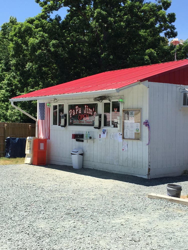 A white building with a red roof with the words PaPa Jim's in the window. An American flag hangs on the front of the building.