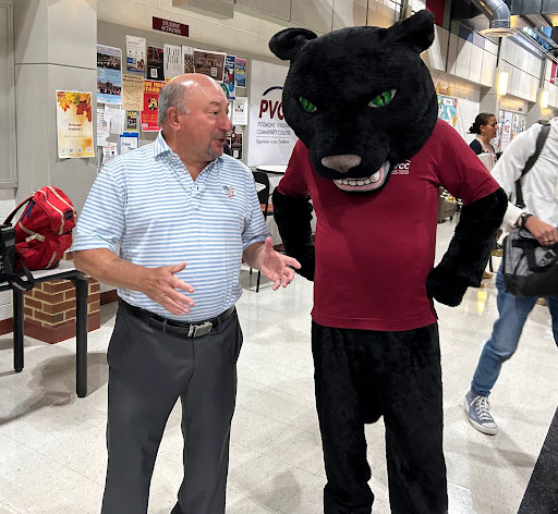 Frank Friedman talking with PVCC mascot