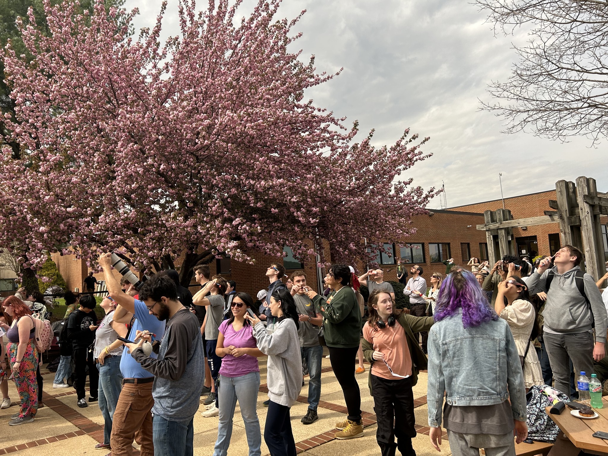 The crowd of PVCC students stood looking up at the eclipse on the outdoor patio