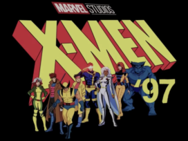 X-Men '97 logo with the cast of heroes standing in front