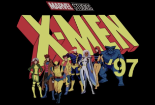 X-Men '97 logo with the cast of heroes standing in front