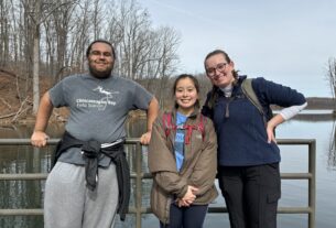 Three PVCC students stand beside each other at Ragged Mountain Natural Area