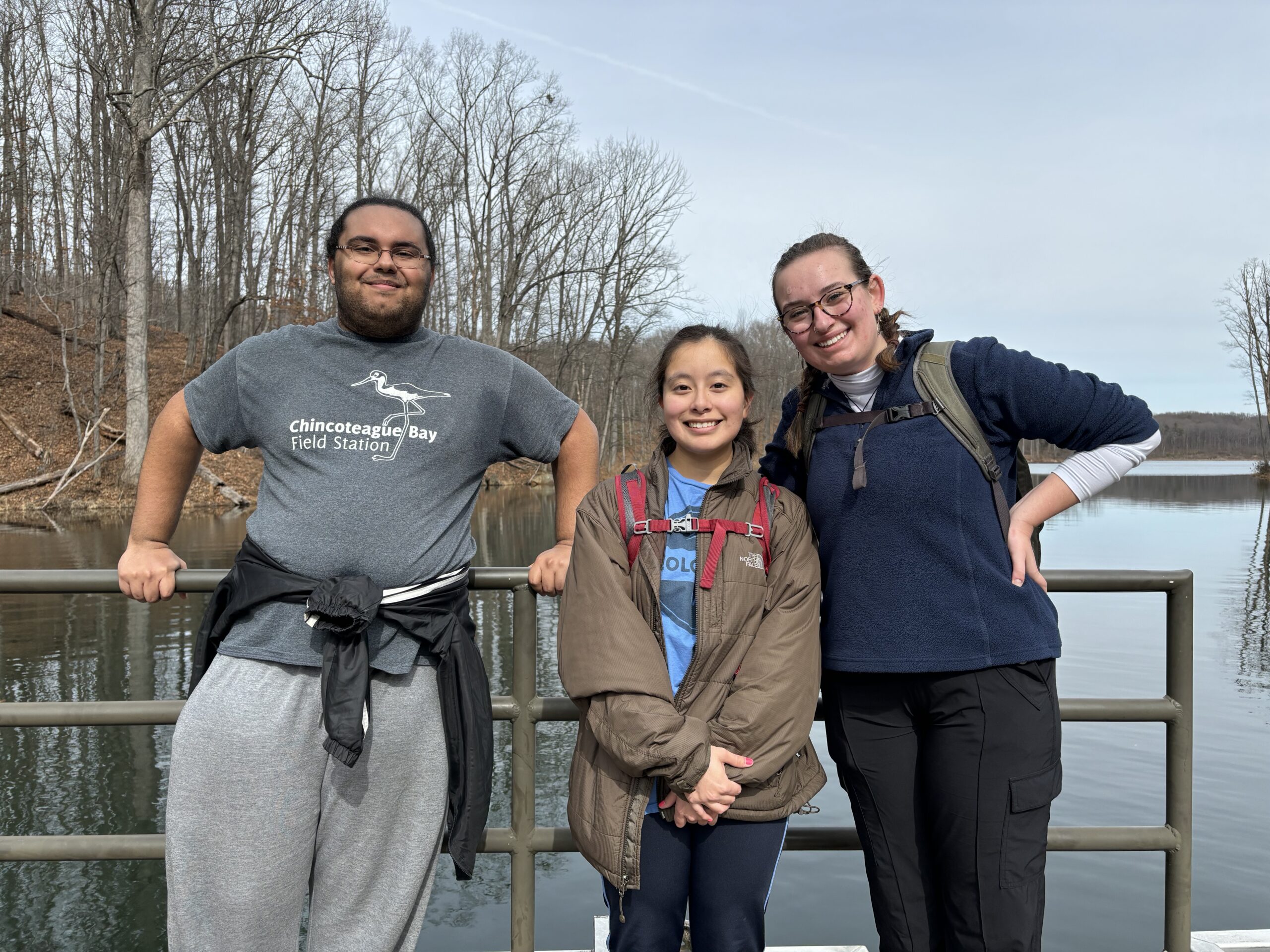Three PVCC students stand beside each other at Ragged Mountain Natural Area