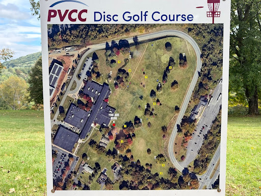 A poster of the map of the PVCC disc golf course.