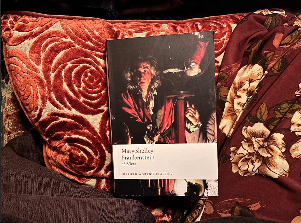 The Oxford Classics edition of Frankenstein sits against red pillows.