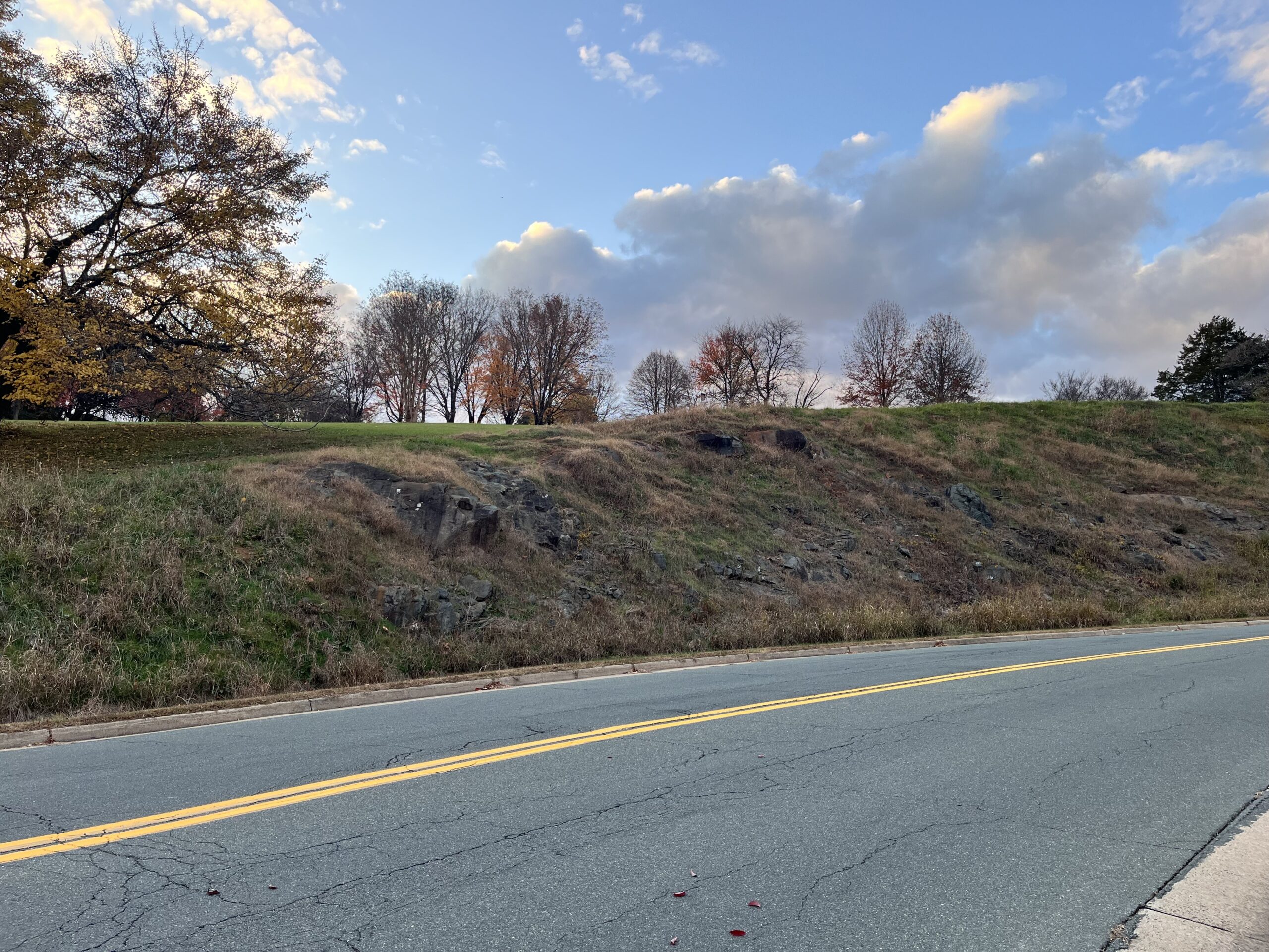 A hill with rocks showing through the grass beside the road at PVCC