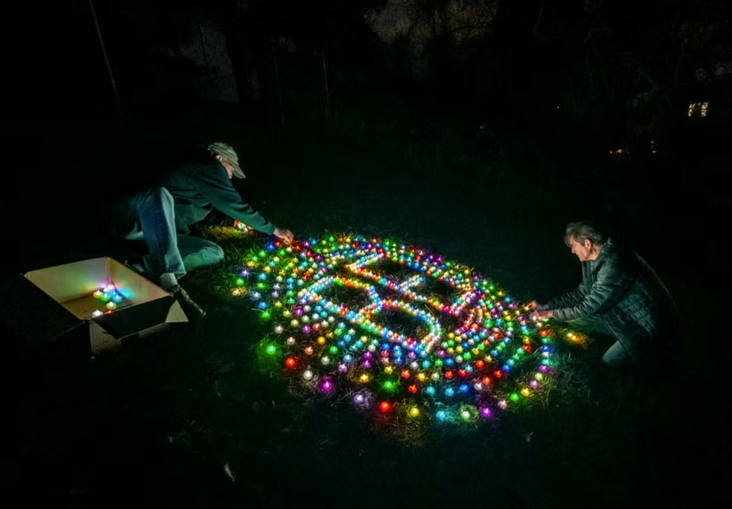 Two men work on putting colorful lights in a circle around the word "Be."