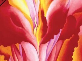 Event flyer featuring a red, yellow, and pink painting by O'Keeffe; the title of the documentary; a link to the film; and the voice actress for the film.