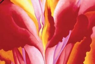 Event flyer featuring a red, yellow, and pink painting by O'Keeffe; the title of the documentary; a link to the film; and the voice actress for the film.