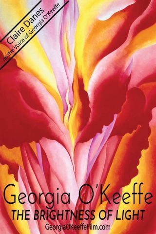 Event flyer featuring a red, yellow, and pink painting by O'Keeffe; the title of the documentary; a link to the film; and the voice actress for the film.