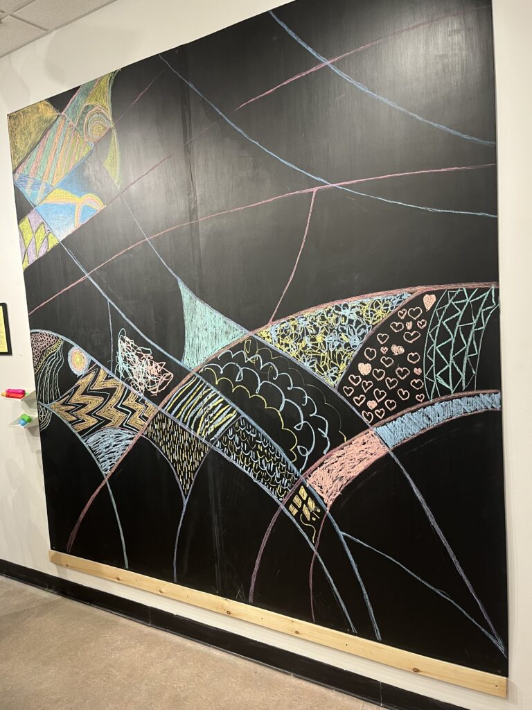 A blackboard guests have drawn on with colored chalk.