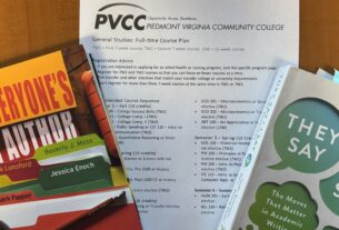 A printed copy of a general studies course plan with a seven-week class schedule. Sitting on top of the paper are copies of "Everyone's An Author" and "They Say I Say," textbooks used in ENG 111 and 112.