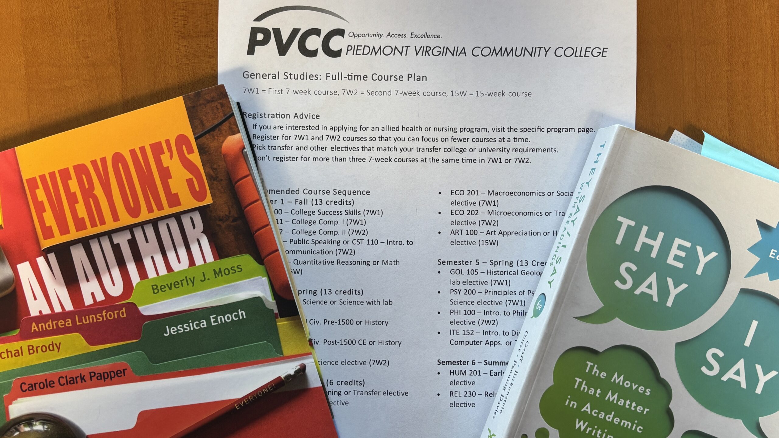 A printed copy of a general studies course plan with a seven-week class schedule. Sitting on top of the paper are copies of "Everyone's An Author" and "They Say I Say," textbooks used in ENG 111 and 112.
