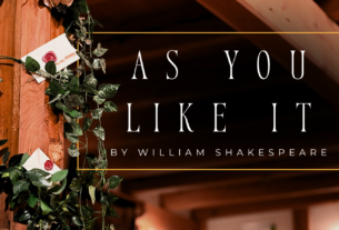 The title treatment for As You Like It, with text providing the title and author of the play in front of a blurred background of the theater, decorated with vines and two envelopes.