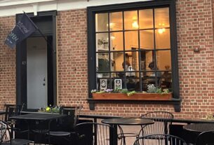 The exterior of a brick building with a patio with several tables and chairs in front.
