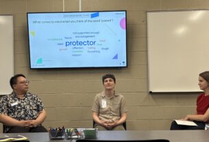Allyson Umali, Suz Bayker, and Manon Ehrlich sitting behind a table at the panel. Behind them is a TV with a Mentimeter prompt reading "What comes to mind when you think of the word 'parent'?" The largest word on the screen is "protector."