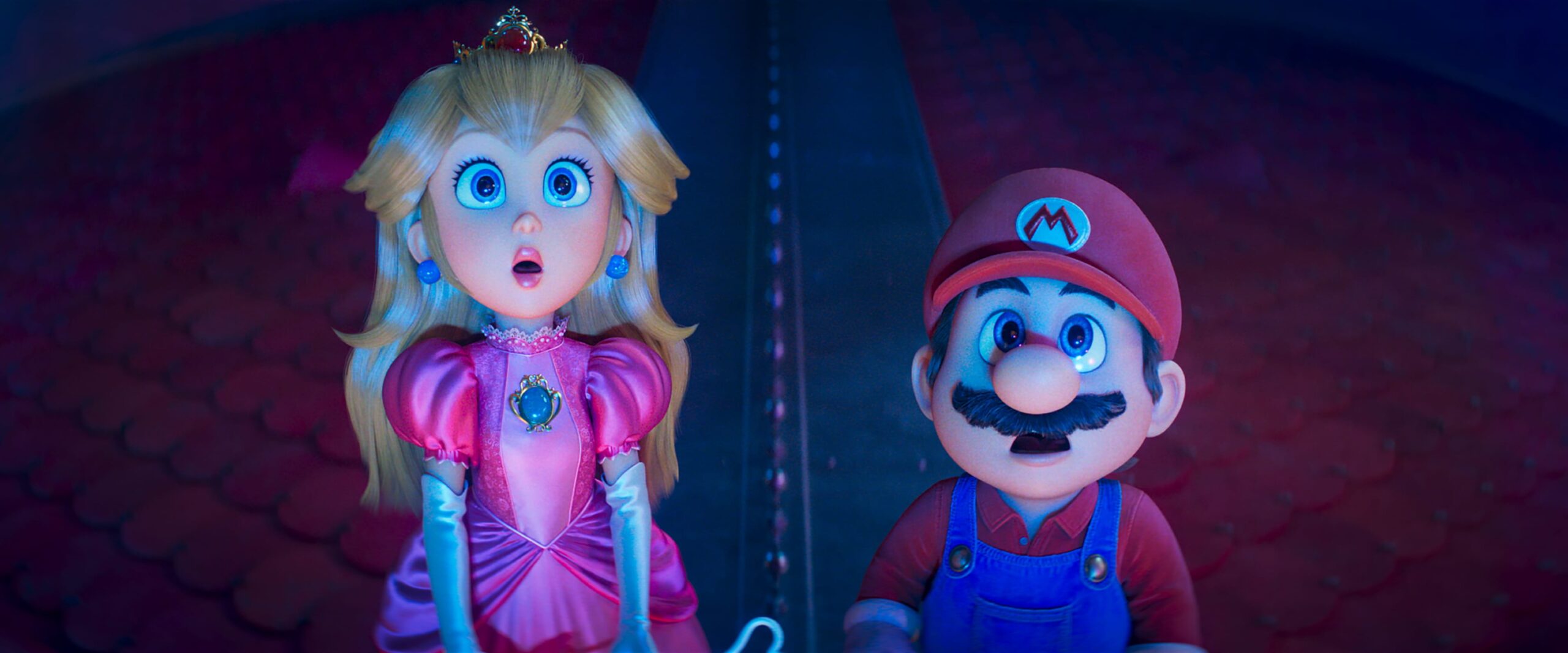 Princess Peach and Mario standing next to each other and staring, slack jawed, up at the sky.