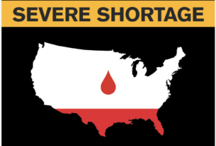 Outline of the United States with the words "Warning: Severe Shortage" and the American Red Cross logo.
