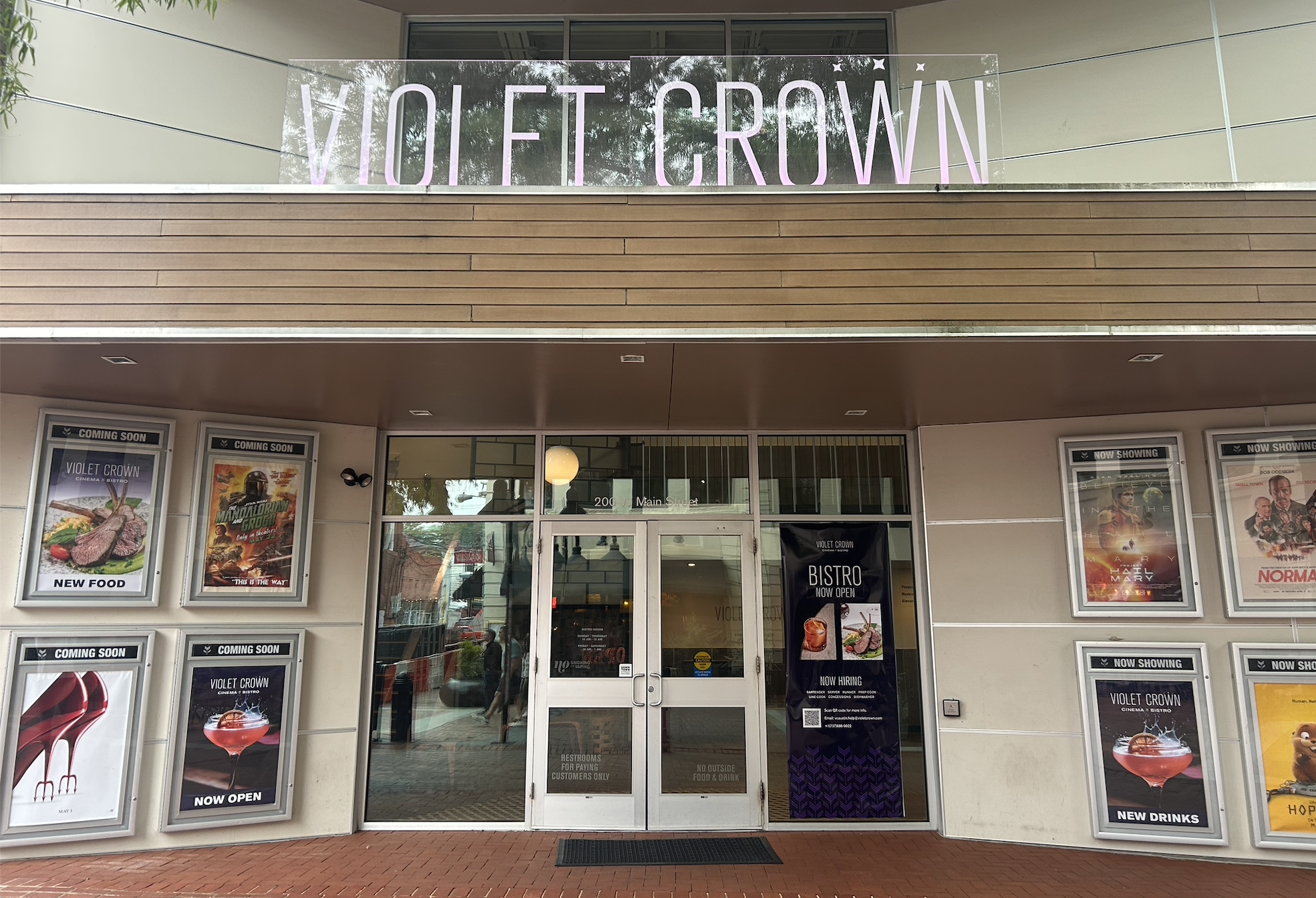 Front view of the exterior of the Violet Crown Cinema