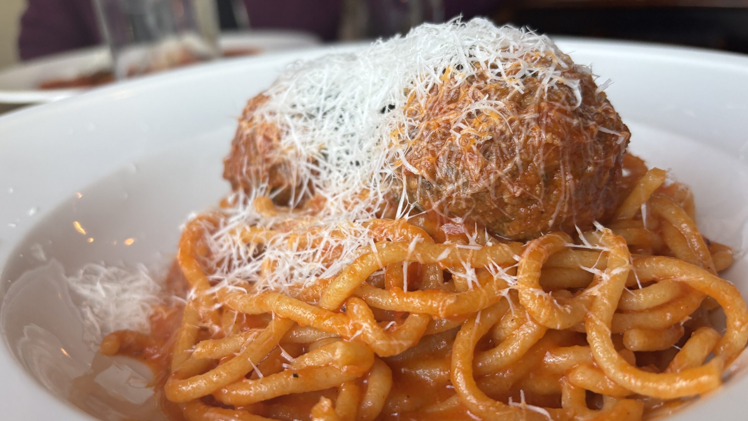 A bowl of bucatini pasta soaked in a red sauce and topped with two large meatballs and grated cheese. 