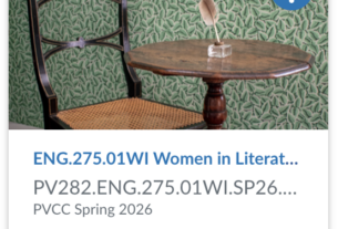 Canvas course title featuring a picture of a wooden chair and stool with a feather quill and ink on top in front of a green background. Text under the picture provides the course number and title.