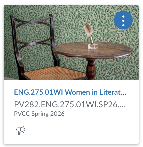 Canvas course title featuring a picture of a wooden chair and stool with a feather quill and ink on top in front of a green background. Text under the picture provides the course number and title.