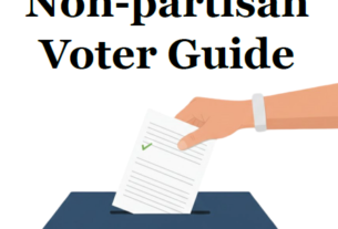 Cover of the voter guide: 2026 PVCC Non-partisan Voter Guide above an image of a hand putting a document in a box marked vote.