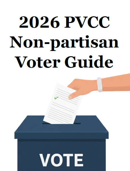 Cover of the voter guide: 2026 PVCC Non-partisan Voter Guide above an image of a hand putting a document in a box marked vote.