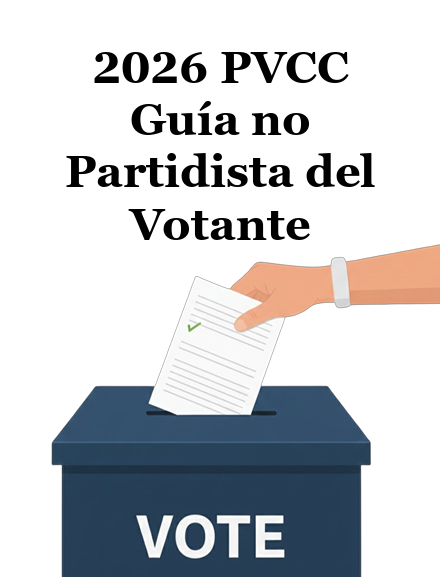 Cover of the Spanish translation of the voter guide: 2026 PVCC Guía no Partidista del Votante above an image of a hand putting a document in a box marked vote.